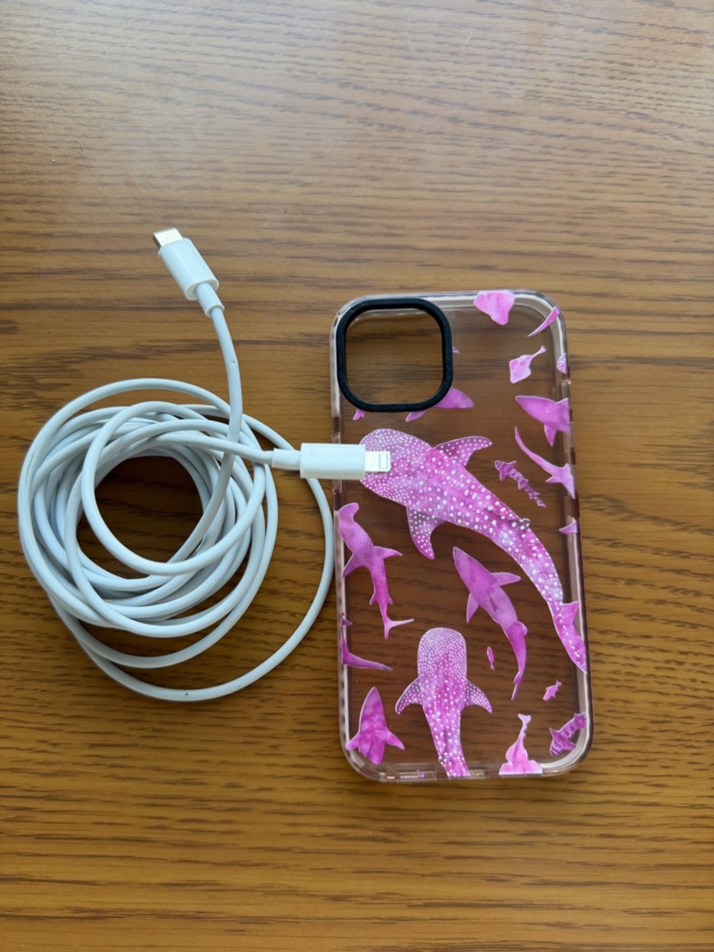 Clear Phone Case with Pink Shark Design - With Charger Iphone 13
